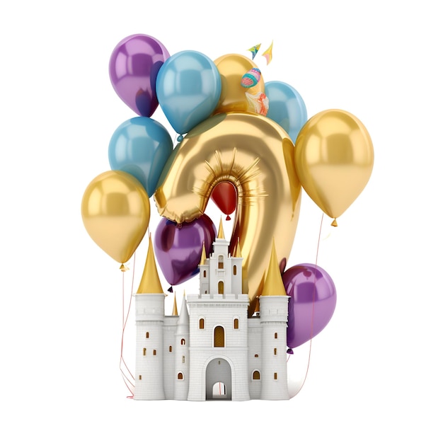 Schloss mit isolierten Ballons auf weißem Hintergrund 3D-Rendering