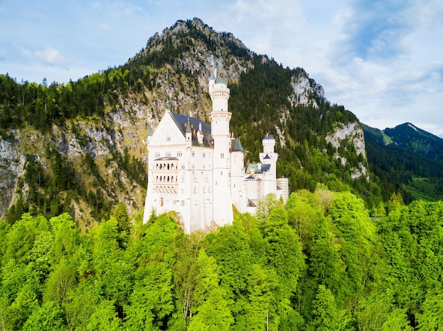 Schloss Neuschwanstein o New Swanstone Castle vista panorámica aérea. El castillo de Neuschwanstein es un palacio de estilo románico en el pueblo de Hohenschwangau cerca de Füssen en Baviera, Alemania.