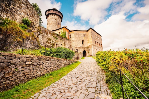 Schloss Sovinec Eulenburg robuste mittelalterliche Festung eine der größten in Mähren Tschechien Landschaft mit mittelalterlicher Burg auf einem felsigen Hügel über einem Waldtal