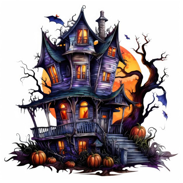 Schlosshaus mit Geistern Mond Halloween Illustration beängstigendes Horror Design Tätowierung isolierte Fantasie