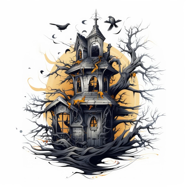 Schlosshaus mit Geistern, Mond, Halloween-Illustration, gruseliges Horror-Design, Tätowierung, isolierte Fantasie