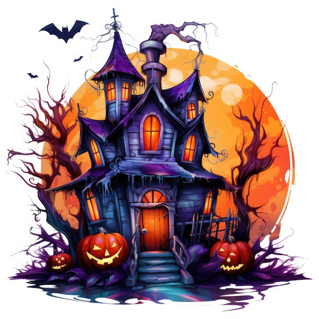 Schlosshaus mit Geistern, Mond, Halloween-Illustration, gruseliges Horror-Design, Tätowierung, isolierte Fantasie