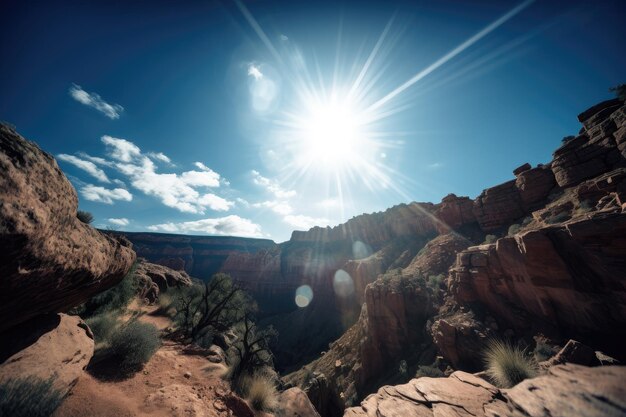 Schlucht mit klarem blauen Himmel und Wolken darüber und der herabscheinenden Sonne, erstellt mit generativer KI