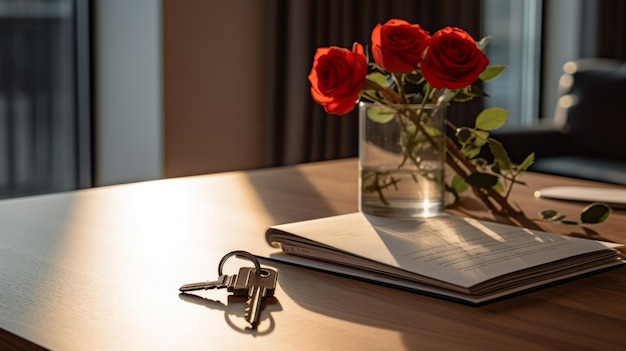 Schlüssel auf einem modernen Tisch in einer neuen Wohnung, gebadet von Sonnenuntergang und warmem Licht durch weite Fenster