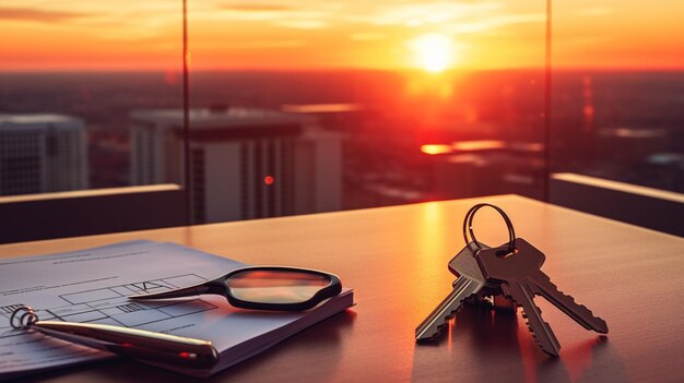 Schlüssel zum Sonnenuntergang und Haus auf dem Tisch mit Immobilienmakler