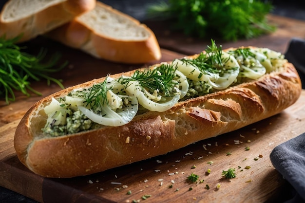 Schmackhafte Baguette mit Knoblauch und Dill