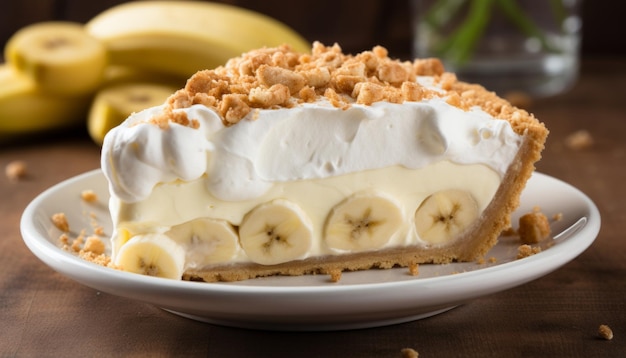 Foto schmackhafte bananencreme-torte auf einem rustikalen holzhintergrund, die man genießen kann