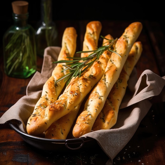 Schmackhafte Brotsticks mit Rosmarin auf dunklem Hintergrund Generative KI