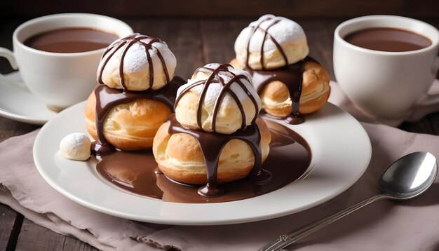 Foto schmackhafte dessert-profiterolen mit schokolade