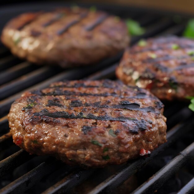 Schmackhafte gegrillte Hamburgerbrötchen mit Gewürzen auf einem Holztisch in Nahaufnahme erzeugen ai