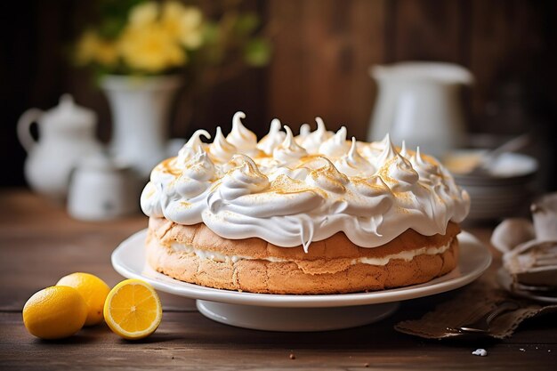 Foto schmackhafte hausgemachte meringue-torte auf einem holztisch auf blauem hintergrund