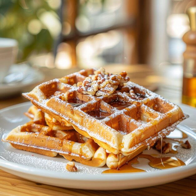 Schmackhafte knusprige Waffeln auf einem Teller auf dem Tisch in einer schönen modernen Küche an einem sonnigen Tag