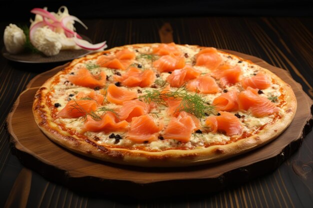 Schmackhafte Meeresfrüchte Erforschen von Pizza mit leicht gesalzenem Lachs und Chuka