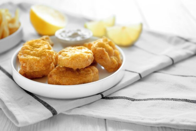 Schmackhafte Nuggets mit Soße auf einem Teller und Zitrone auf einer Serviette