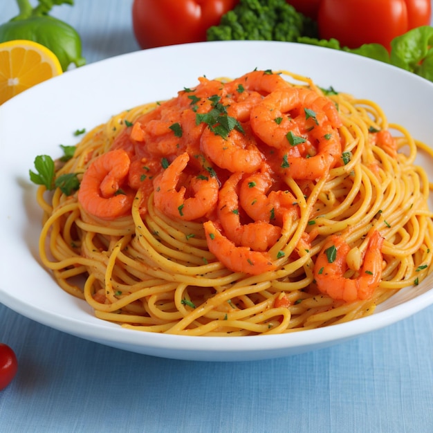 Schmackhafte Pasta-Spaghetti mit saftigen Garnelen und schmackhafter Sauce AIGenerated