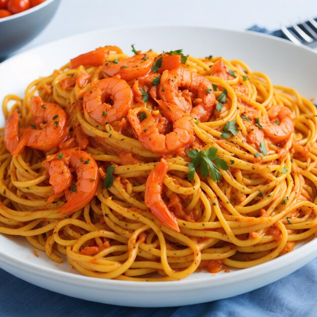 Schmackhafte Pasta-Spaghetti mit saftigen Garnelen und schmackhafter Sauce AIGenerated