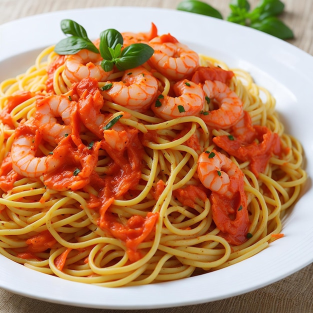 Schmackhafte Pasta-Spaghetti mit saftigen Garnelen und schmackhafter Sauce AIGenerated