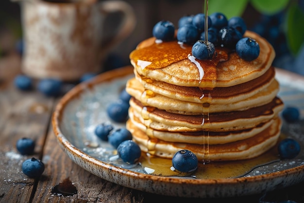 Schmackhafte Pfannkuchen mit Blaubeeren und Honig auf einem Teller