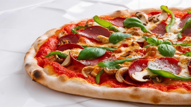 Schmackhafte Pizza und Zutaten, die auf Weiß isoliert sind