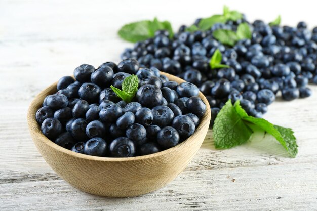 Schmackhafte reife Blaubeeren mit Minze in einer Schüssel auf dem Tisch