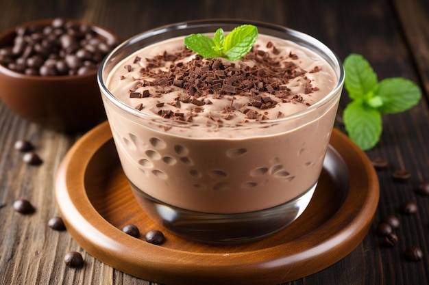 Schmackhafte Schokoladencreme mit Stücken als Hintergrund-Close-Up-Pudding