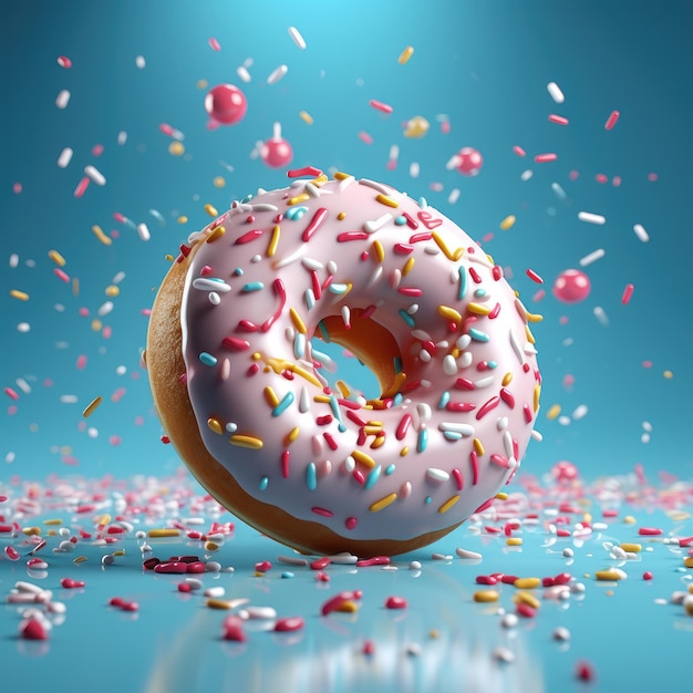 Schmackhafte süße Donuts mit Sprinkles auf blauem Hintergrund Generative KI
