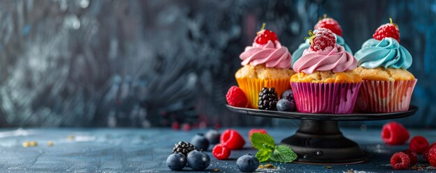 Schmackhafte süße Muffins, geschmückt mit Schlagsahne und Obst, auf einem Stand auf einem luxuriösen dunklen Hintergrund