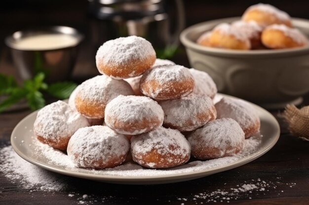 Schmackhafte Zuckerpulver-Donuts auf dem Tisch