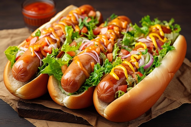 Schmackhafter Hotdog mit Wurst-Salat-Gemüse auf Holz