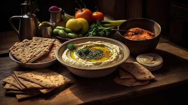 Schmackhafter Hummus auf einem klaren und scharfen Holztisch