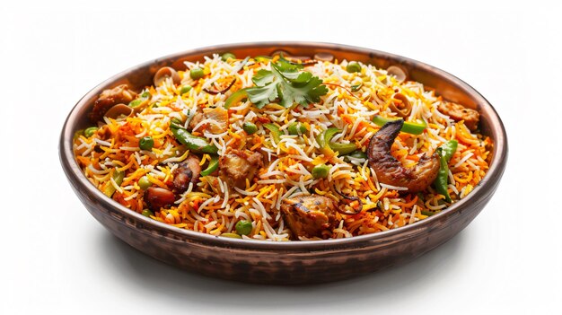 Schmackhafter und schmackhafter indischer Biryani mit weißem Hintergrund