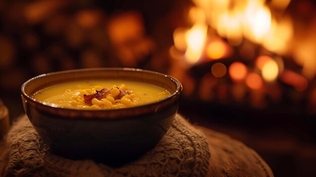 Schmecken Sie die Essenz einer gemütlichen Nacht mit einer Schüssel Maissuppe am Kamin, die aus cremiger Brühe hergestellt wird