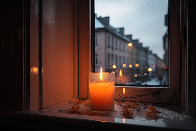 Schmelzende Kerze auf der Fensterbank wirft warmes Licht auf die Aussicht nach draußen, erzeugt mit generativer KI