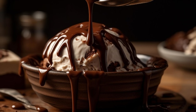 Schmelzende Schokoladensauce auf hausgemachtem Eis, das von KI erzeugt wird