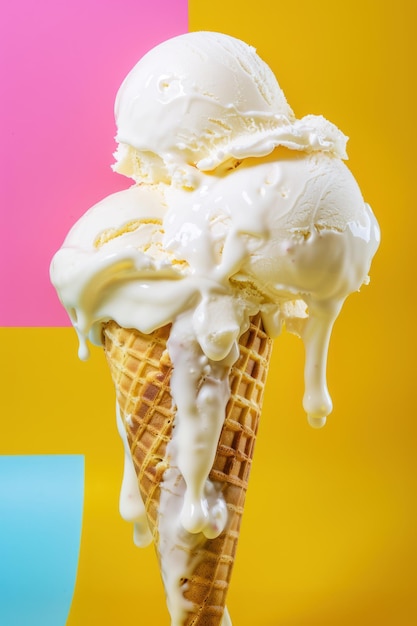 Schmelzende Vanille-Eiskugeln mit Waffelkegel auf einem mehrfarbigen Hintergrund Vertikale Ausrichtung