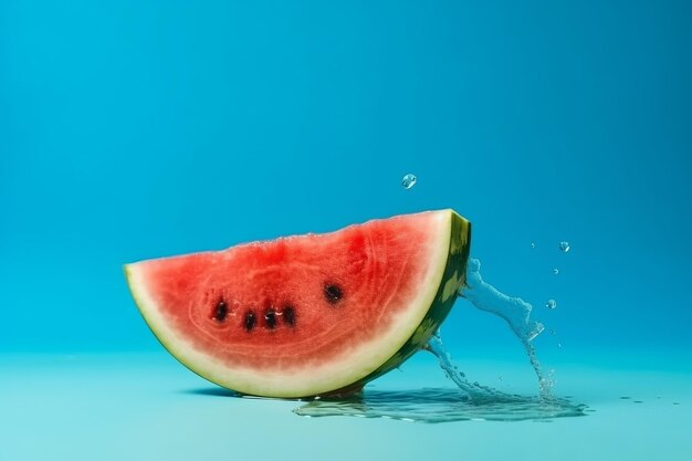 Schmelzende Wassermelonenscheibe auf blauem Hintergrund mit Platz für Text. Kreative Ressource AI generiert