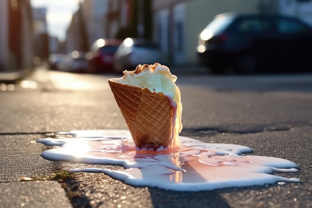 Schmelzender Eiscreme-Kegel neben einem mit generativer KI erstellten Bürgersteig.