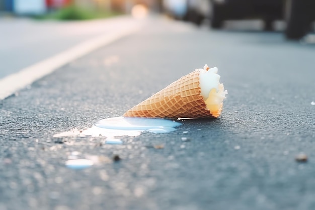 Schmelzender Eistütentropfen kopfüber auf der Straße im Sommertag Selektiver Fokus Weicher Fokus