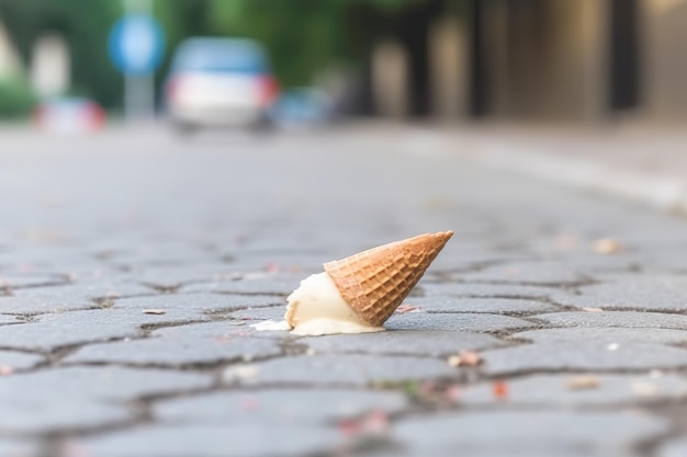 Schmelzender Eistütentropfen kopfüber auf der Straße im Sommertag Selektiver Fokus Weicher Fokus