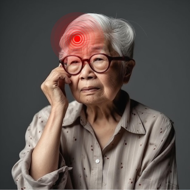 Schmerzhafte asiatische alte Frau, die unter Kopfschmerzen und Migräne leidet. Medizinisches und gesundheitliches Problem. Generative KI