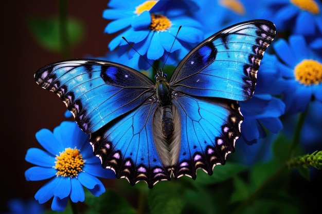 Schmetterling auf blauer Blume Nahaufnahme eines Schmetterlings Schöner Schmetterling, der auf einer blauen Blume sitzt. KI-generiert
