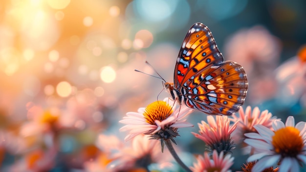 Schmetterling auf dem blühenden Kirschbaum im Stil der weichen Pastellfarben goldenes Licht fotorealistisch