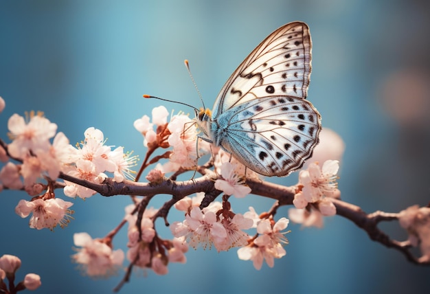 Schmetterling auf dem blühenden Kirschbaum im Stil sanfter Pastelltöne, goldenes Licht, fotorealistische Landschaften, helles Indigo und Rosa