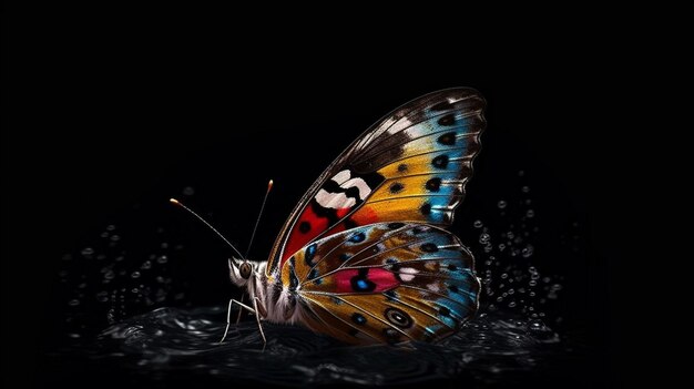 Schmetterling auf dem Wasser mit Wassertropfen auf schwarzem Hintergrund. Generative KI