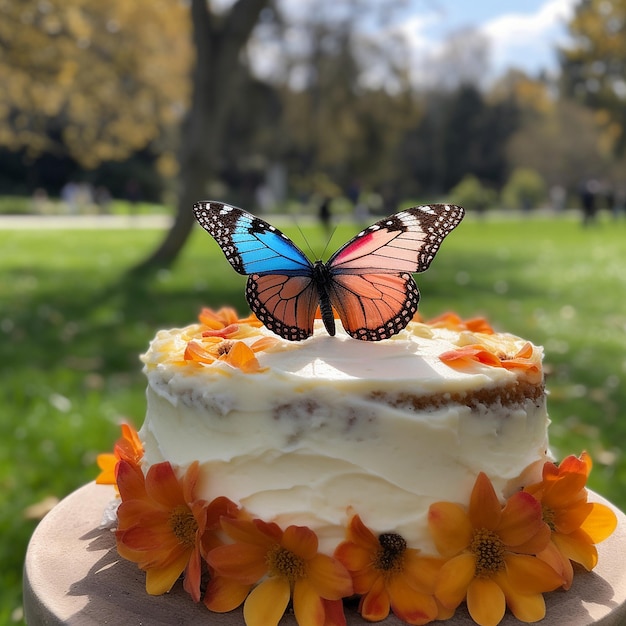 Schmetterling auf der Geburtstagstorte in einem Park, KI-generiertes Bild