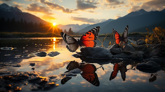 Schmetterling auf einem Blatt an einem klaren Fluss in der Abenddämmerung vor einer Bergkulisse