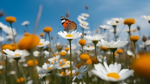 Schmetterling auf einem Gänseblümchen in einem Gänseblümchenfeld