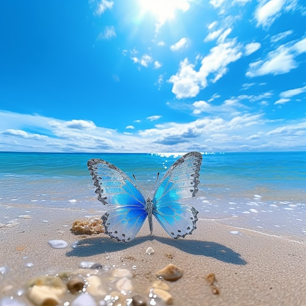 Schmetterling auf einem Strand mit blauem Himmel und Wolken