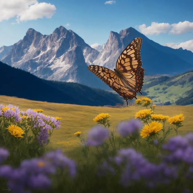 Foto schmetterling auf einer blumenwiese mit bergen im hintergrund