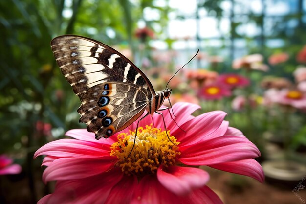 Schmetterling auf einer rosa Blume im Garten Selektiver Fokus